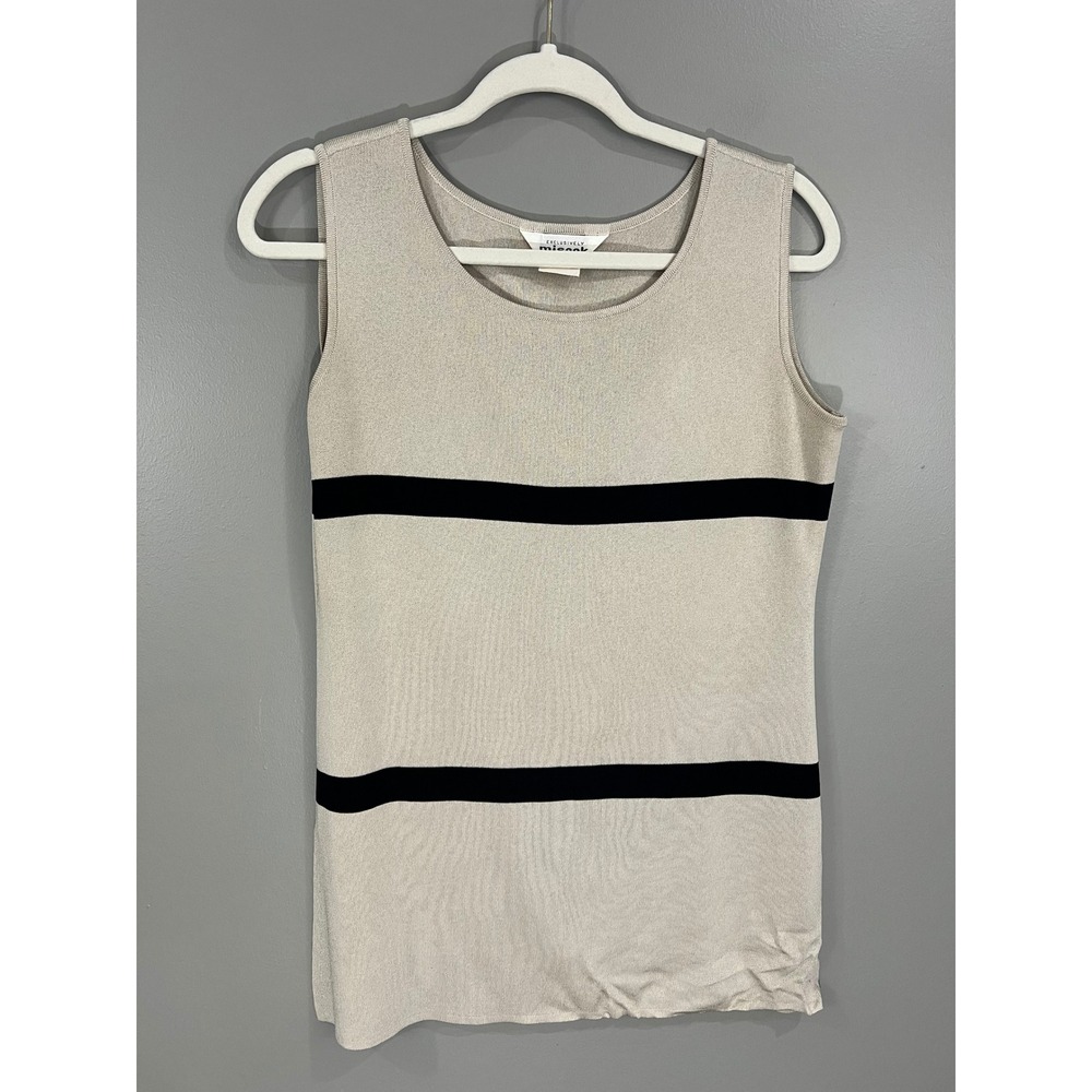 Misook Knit Tank Top Women Size S Beige Black Great Striped Sleeveless Shell